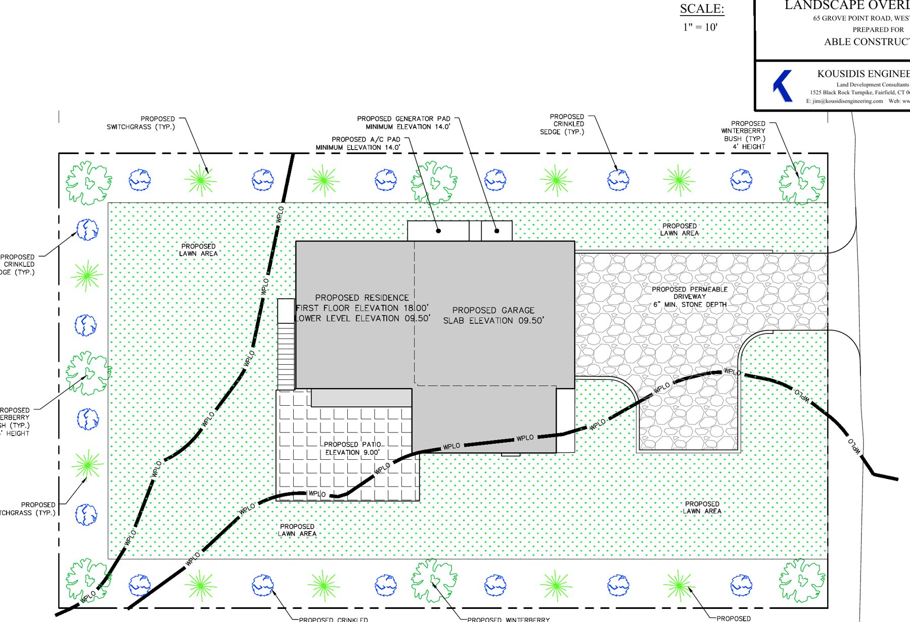 Landscape overlay plan showing planting, lawn areas, patio and permeable driveway