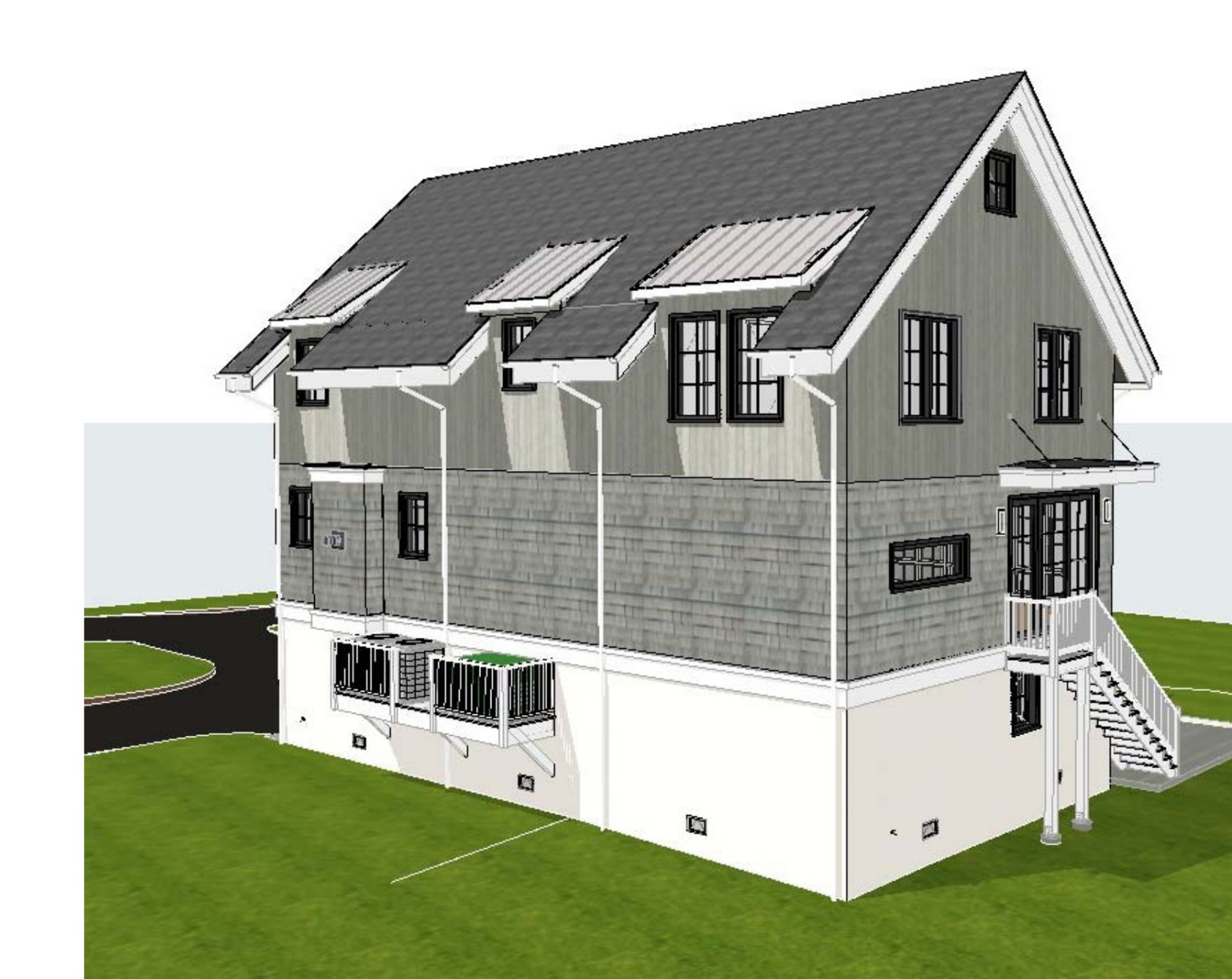 Architectural rendering of the rear right side view showing the roofline and dormers