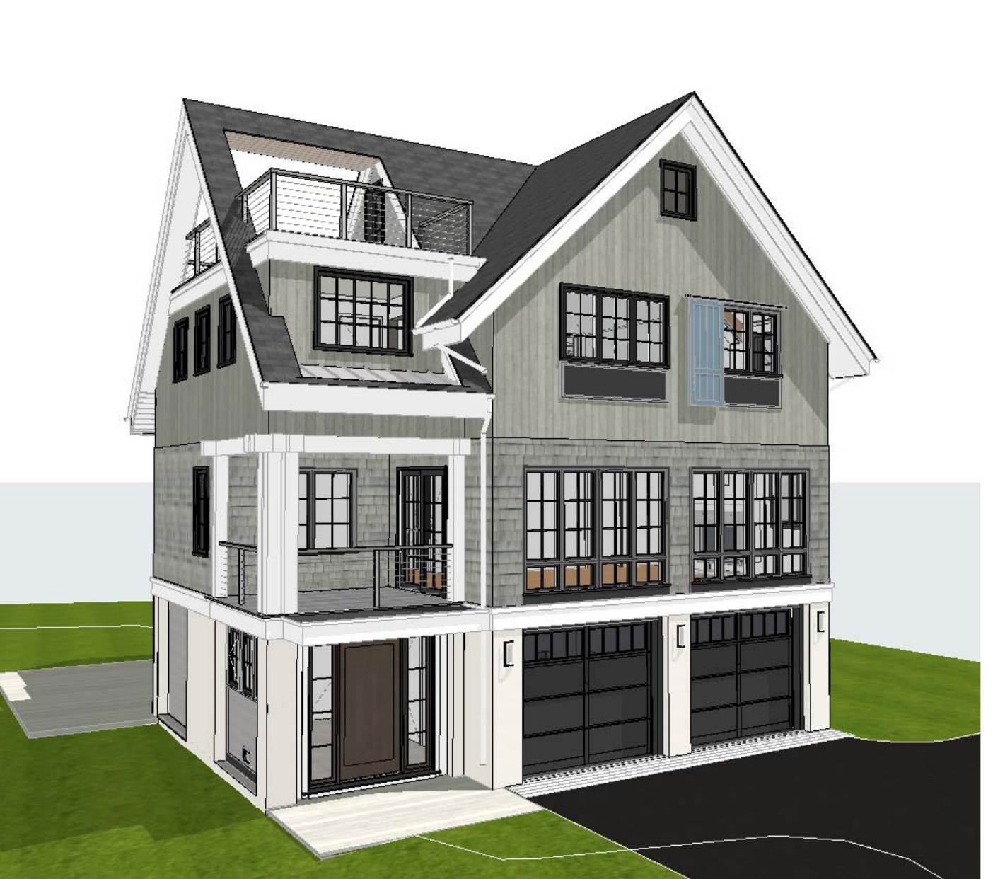 Architectural rendering of the front street-view perspective of the residence