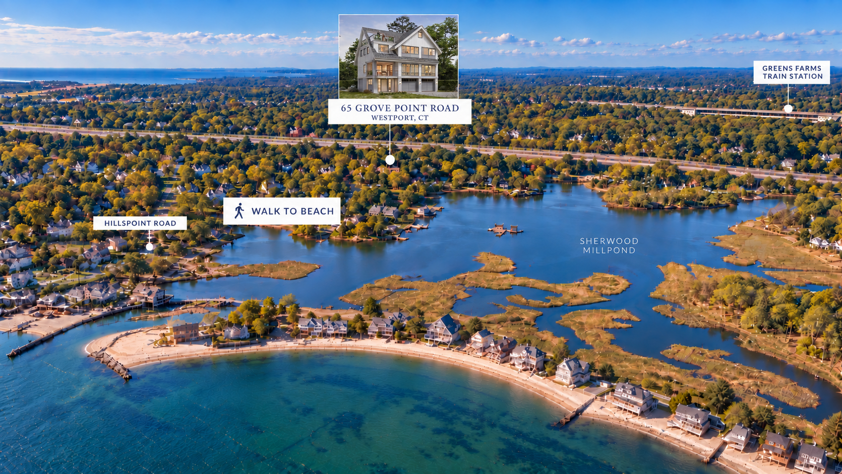 Aerial location study showing 65 Grove Point Road in relation to Compo Beach and Long Island Sound
